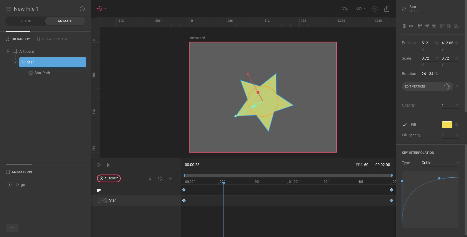 Animate the rotation of the star and change the key interpolation to cubic