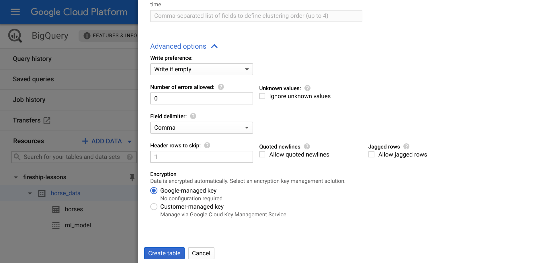 Follow these configuration options closely. Set the schema to auto-detect and the &lsquo;Header rows to skip&rsquo; to 1 under the advanced tab