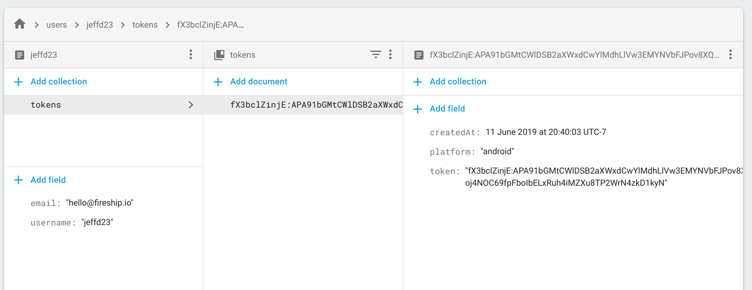 Firestore data model for managing single device FCM tokens